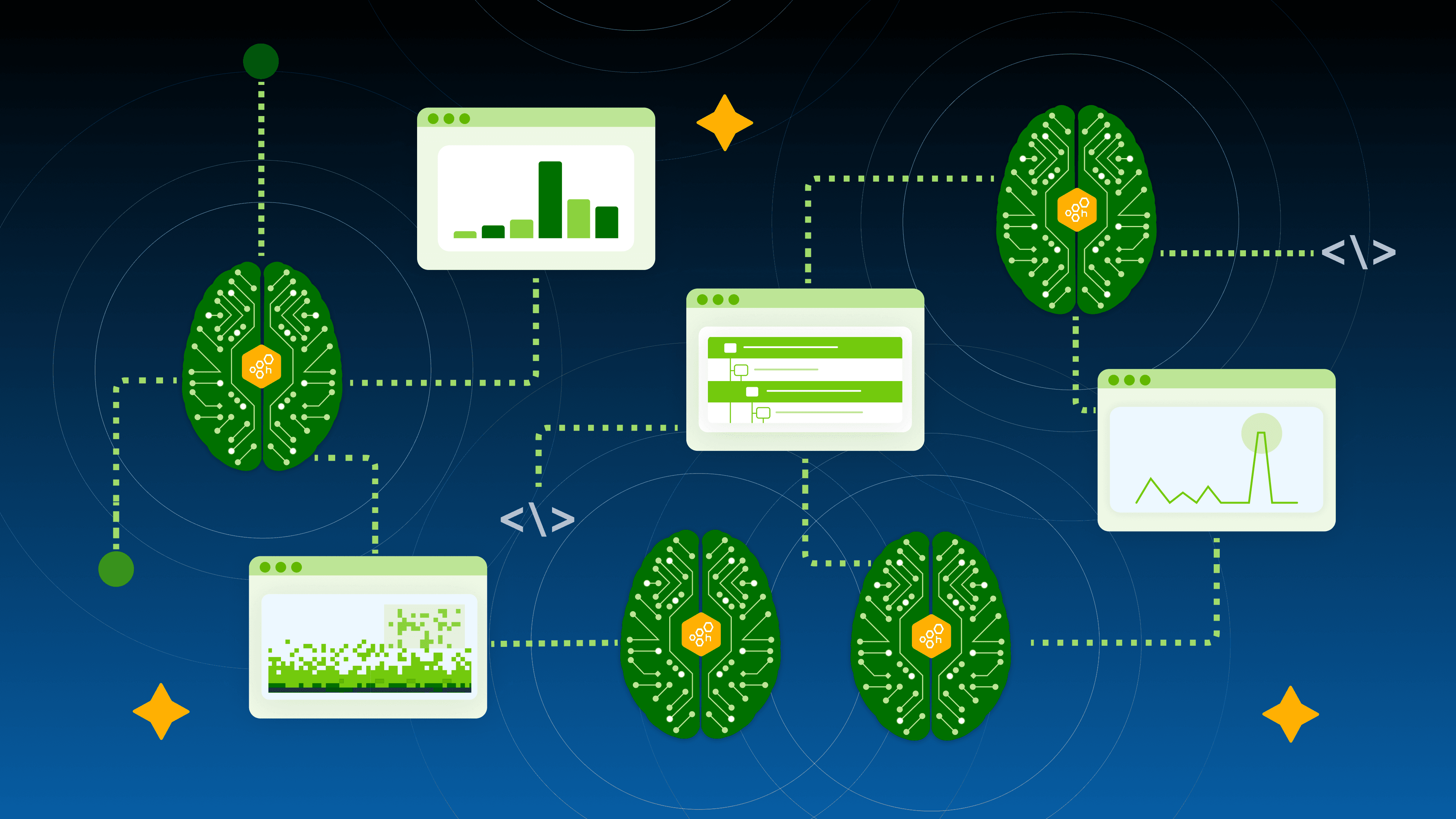 Illustration of an AI network with brain-shaped circuit boards connected to data charts and UI elements.