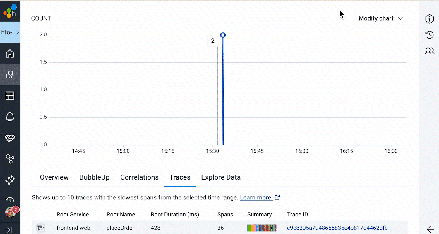 Click on the circle and the exception attributes will appear on the attribute explorer on the right hand side of the trace view
