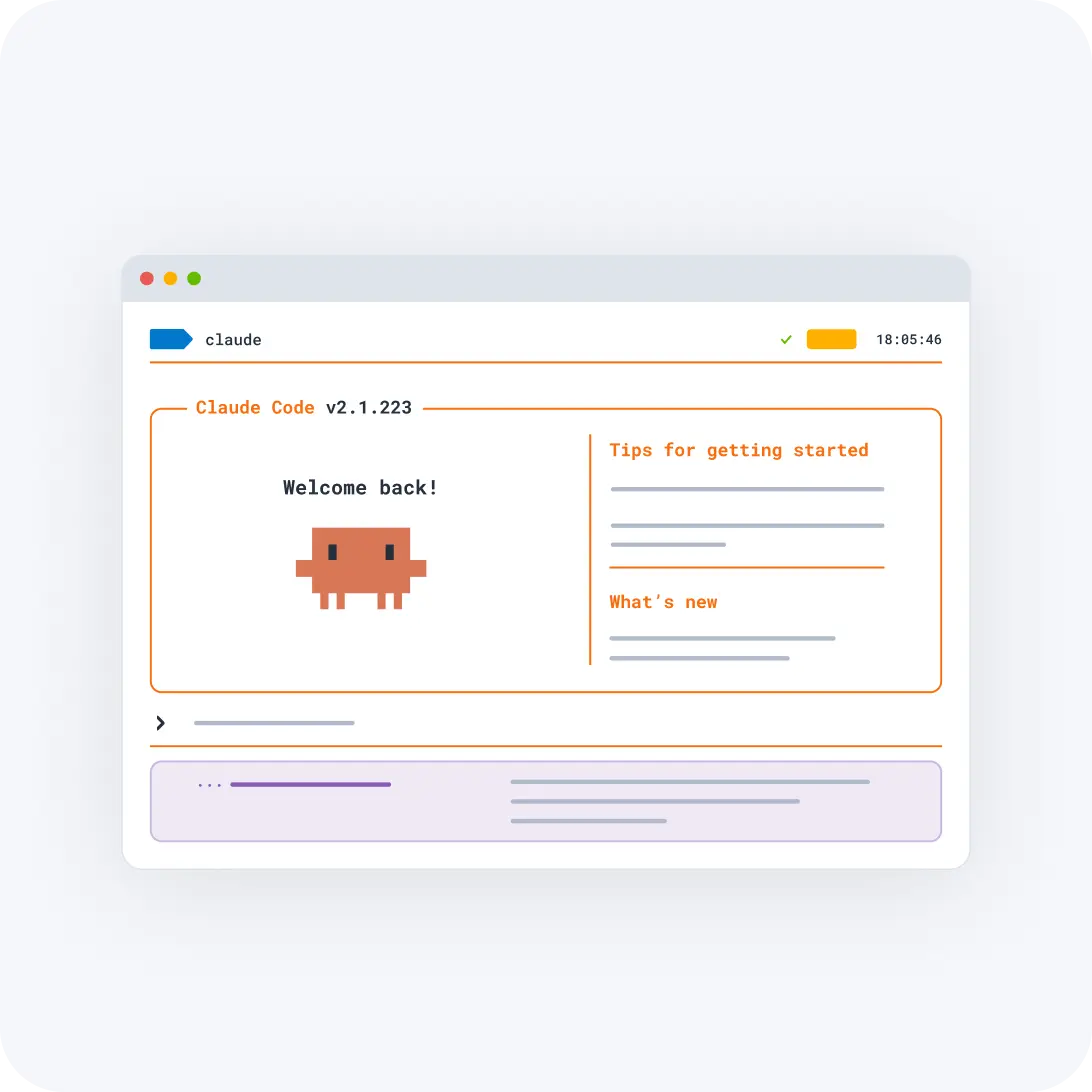 Claude Code showing a welcome message, a pixelated orange character, and tips for getting started.