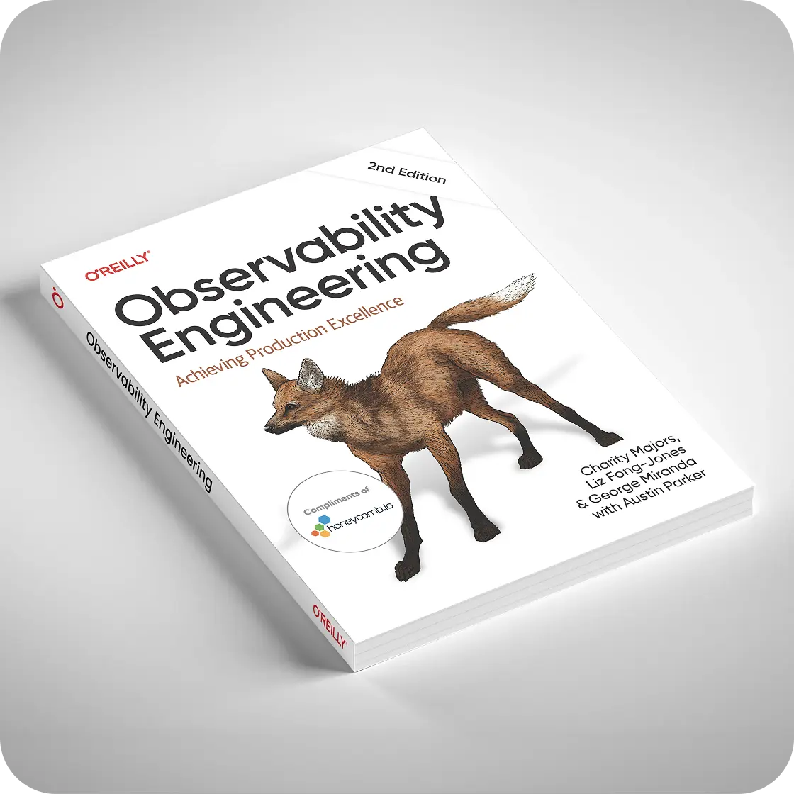 O'Reilly's "Observability Engineering" 2nd Edition book with a maned wolf on the cover.