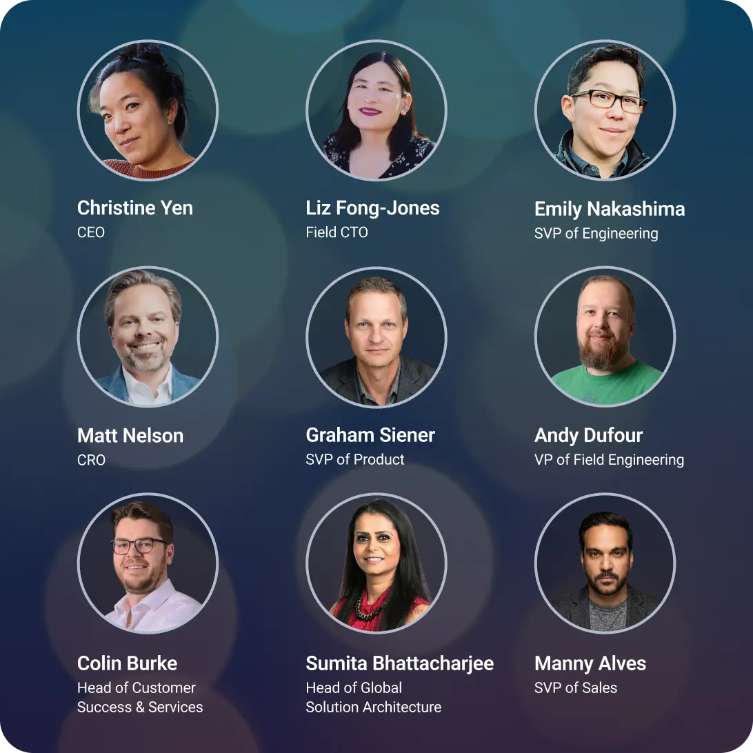 Nine headshots of team members with their names and titles.