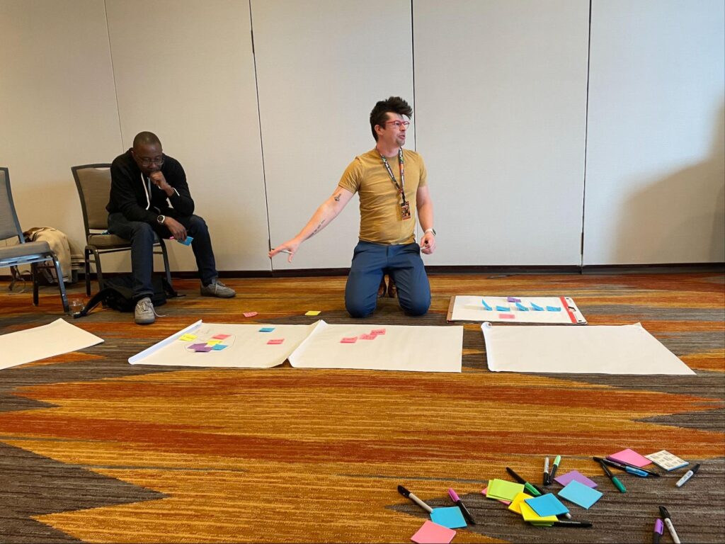 Simon Uhegbu and Winston Hearn whiteboarding at Swarm, the whole-company offsite, in February 2024.