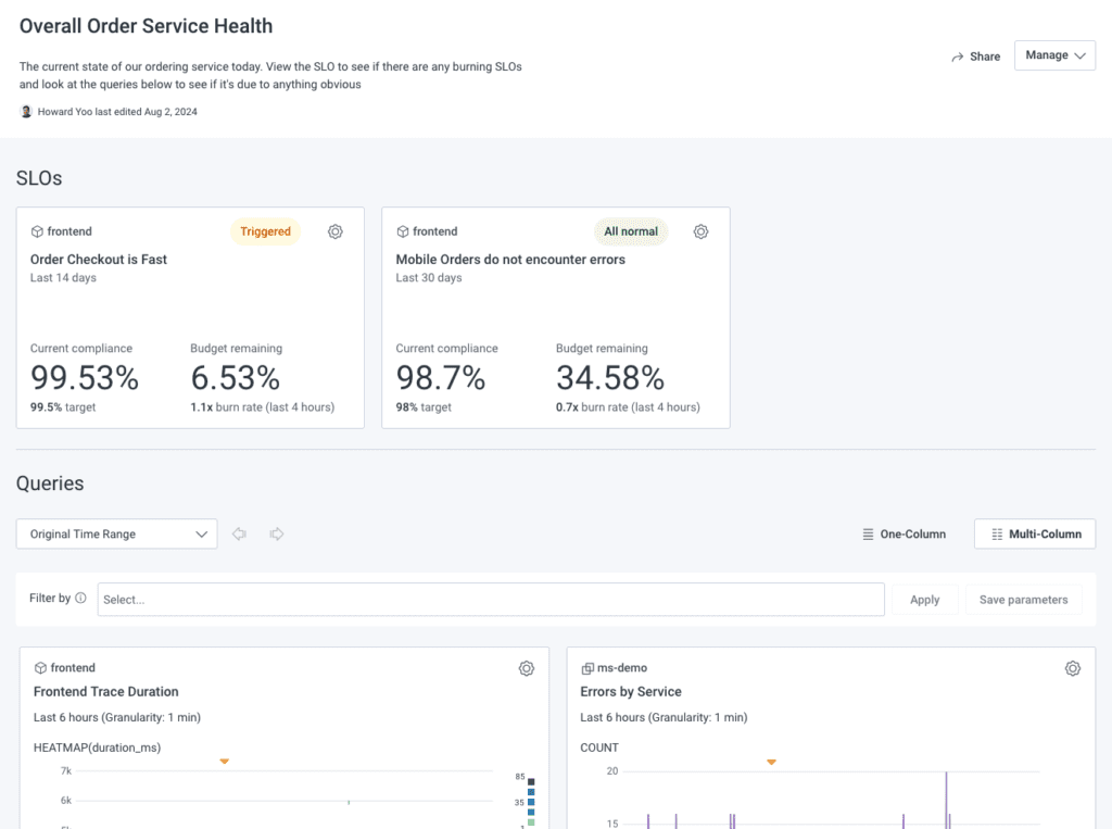 Honeycomb screenshot of overall service health.