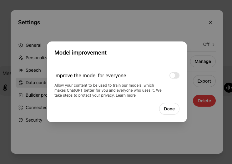 Screenshot of the Model improvement setting toggled off in the ChatGPT settings.