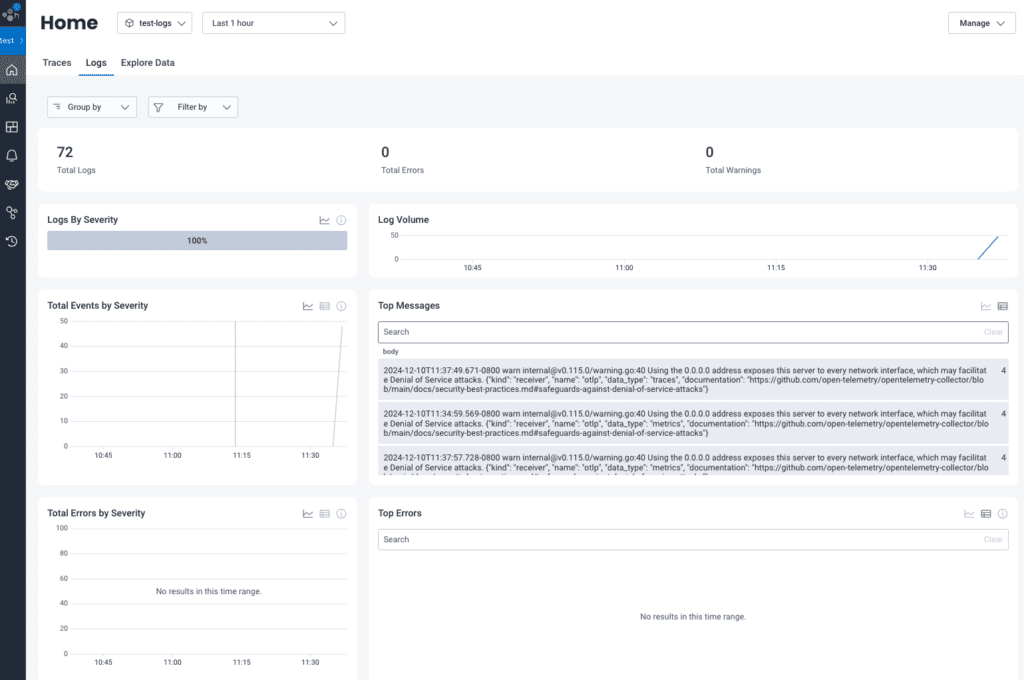 Logs as seen with the default configuration of the filelog receiver.