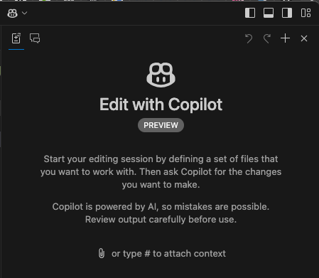 Screenshot of the Copilot Edits interface before adding any files or prompts.