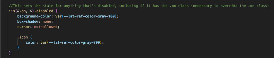 Code snippet showing the Copilot-suggested css that uses the :is() pseudo-class