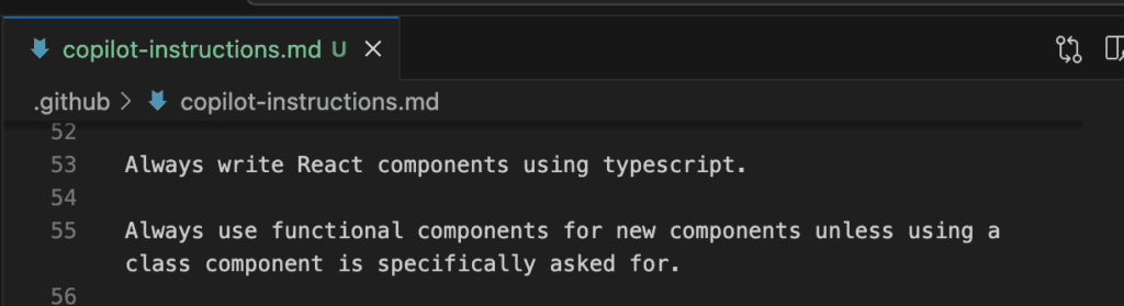 Screenshot of the copilot-instructions.md file with a few conventions for Copilot to follow when prompted.