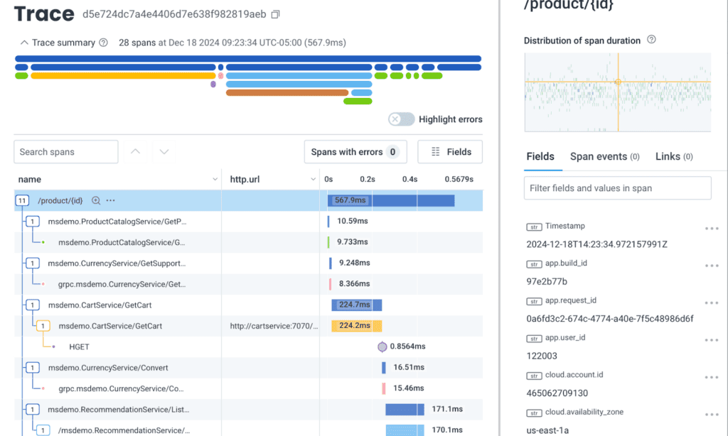 Wide events: A visualized OpenTelemetry trace. 