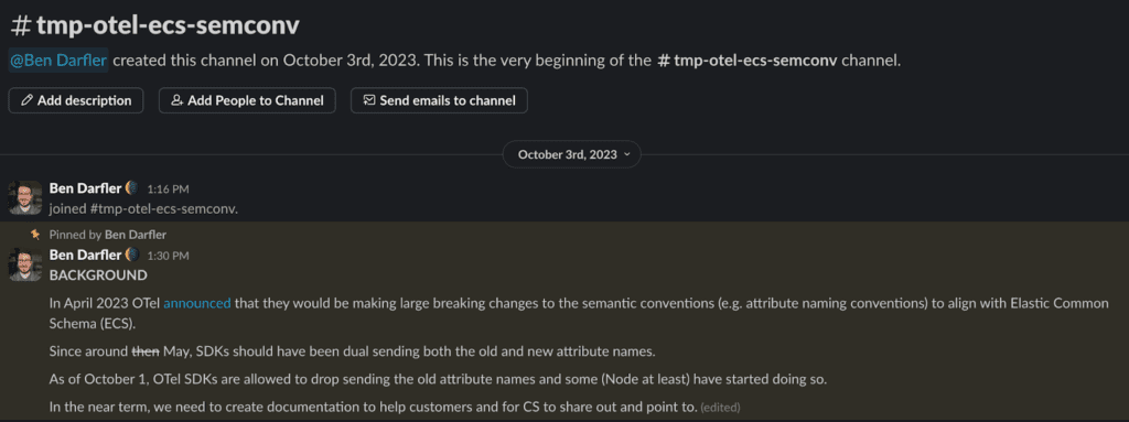 Screenshot of our OTel Semantic Conventions Slack channel.