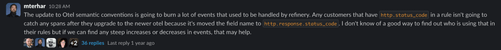 Semantic Conventions update - screenshot of an internal Slack message