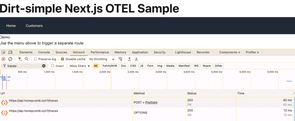 Next.js OTel sample - screenshot. 